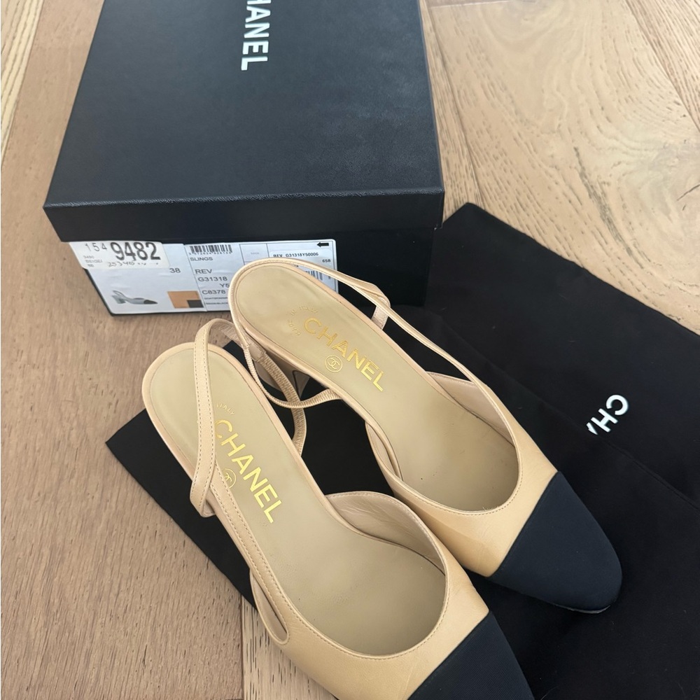 CHANEL Beige and Black Slingback Heels Size 38